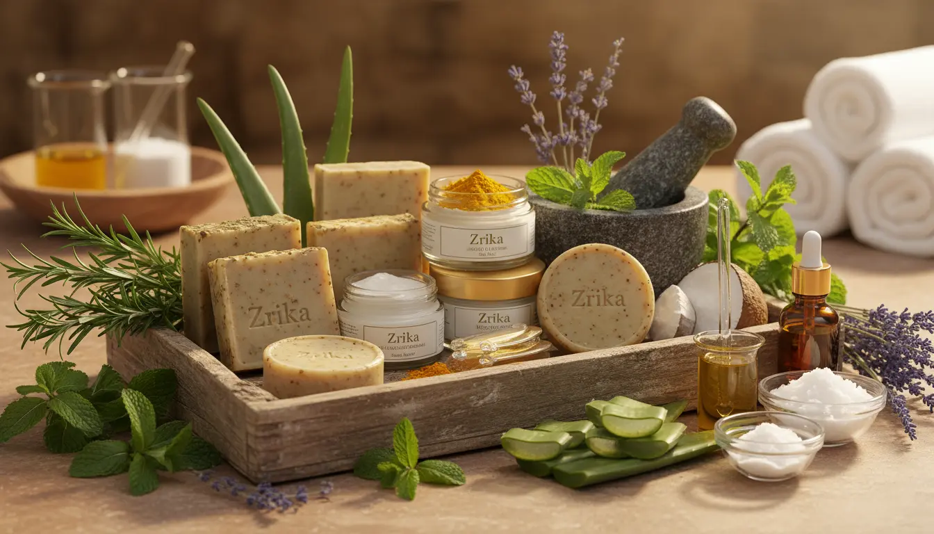 Spa-like setup showcasing Zrika luxury natural soaps for daily self-care with herbal beauty remedies and botanical ingredients
