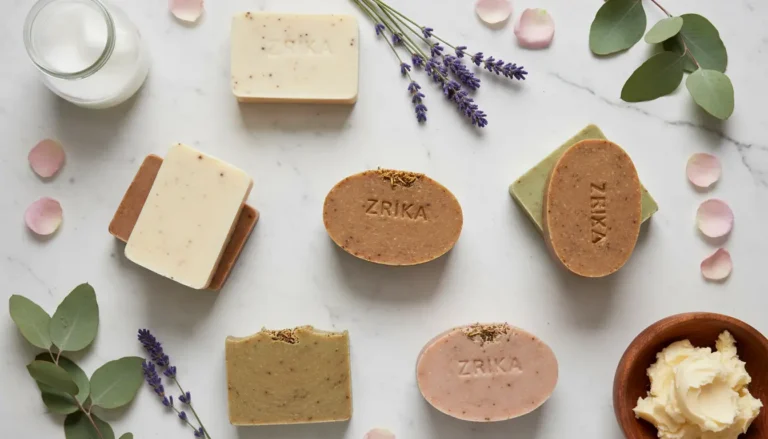 Zrika's handcrafted luxury natural soaps in elegant setup with botanicals on marble - premium organic skincare for glowing skin