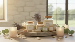 Zen-inspired spa setup with Zrika luxury natural soaps and body cream, surrounded by fresh botanicals and lit candles, promoting skincare and mental wellness.