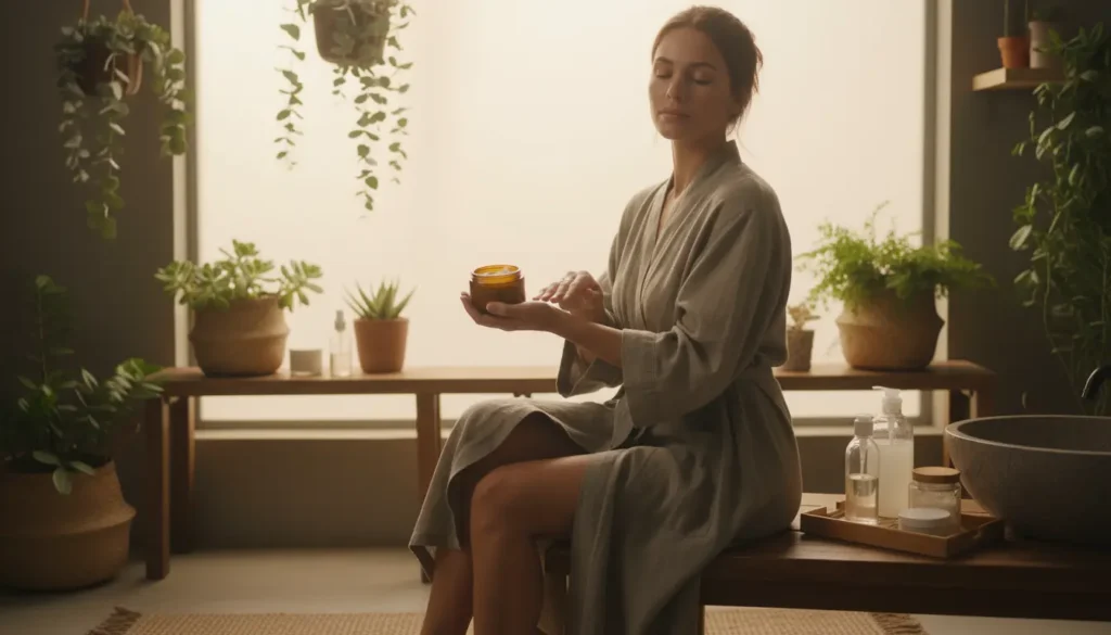 Woman enjoying holistic beauty ritual with Zrika natural body cream in spa-like calming environment for mindful self-care