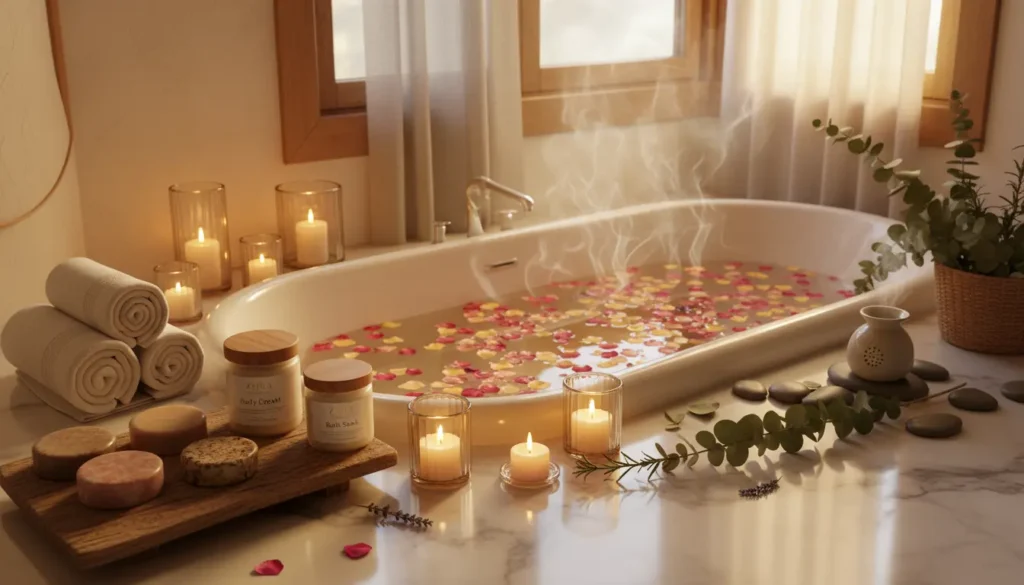 Luxury home spa setup with Zrika herbal soaps and body cream for weekly extended self-care ritual supporting skin and mental wellness