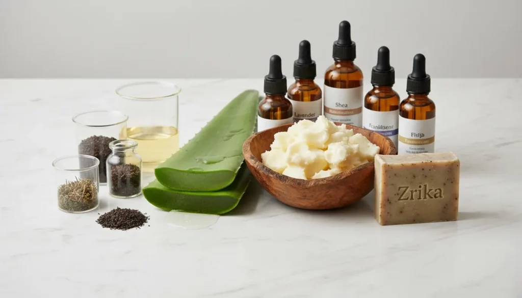 Natural ingredients like aloe vera, shea butter, and essential oils displayed next to finished Zrika luxury soap bar showing transparency
