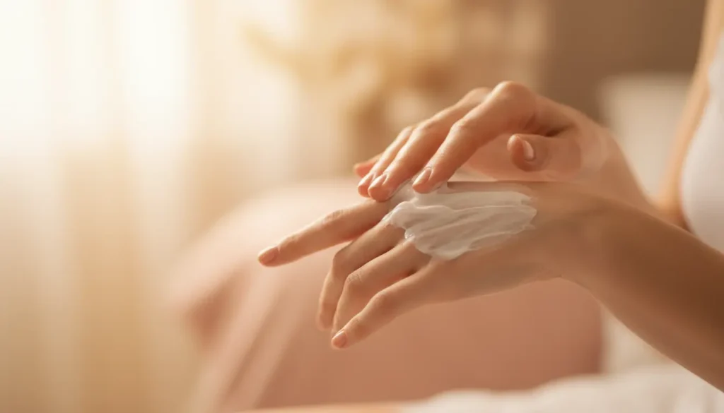 Woman gently applying Zrika natural body cream showing creamy texture and luxurious self-care experience for mind-body wellness