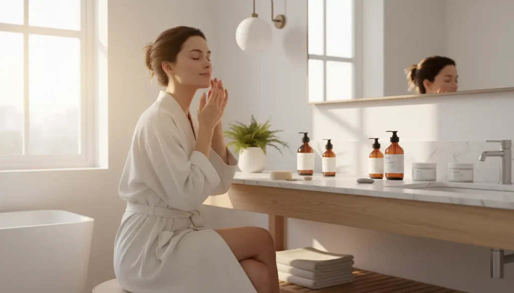 Woman practicing mindful morning skincare routine with Zrika natural products showing calm peaceful start to day for mental wellness