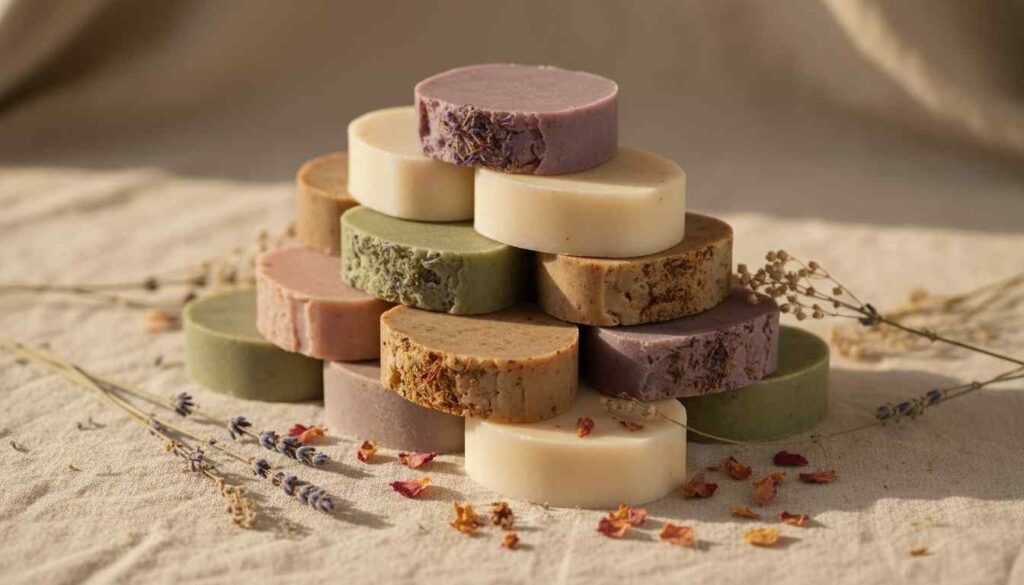 Handcrafted Zrika luxury natural soaps stacked elegantly with dried flowers showcasing artisan quality for daily self-care rituals