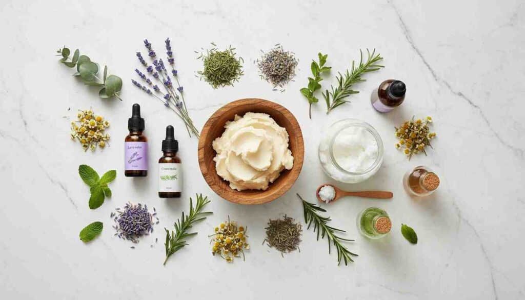 Close-up of natural plant ingredients like shea butter and coconut oil used in eco-friendly skincare showing transparent sourcing