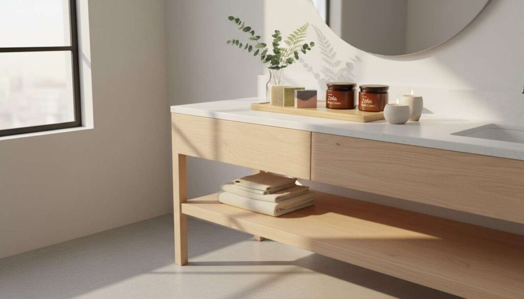 Daily luxury self-care setup with Zrika eco-friendly soaps and creams in sustainable glass packaging with candles and plants for mindful beauty ritual