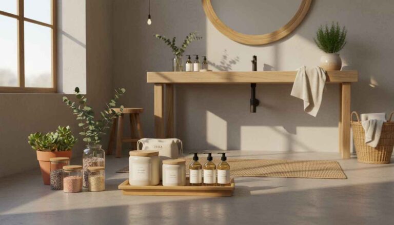 Eco-friendly skincare luxury setup with Zrika natural soaps and body creams for mindful sustainable beauty routines